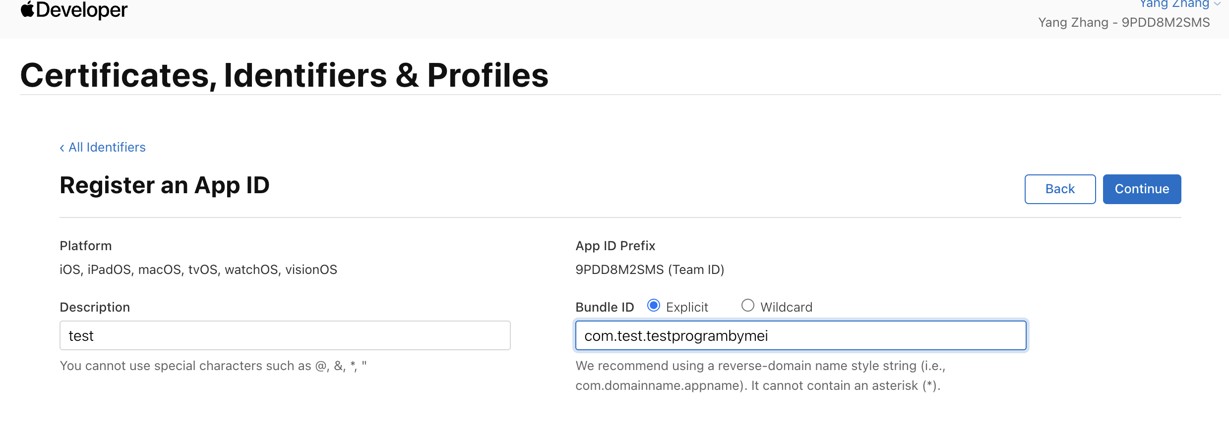 Bundle ID registration form in Apple Developer portal