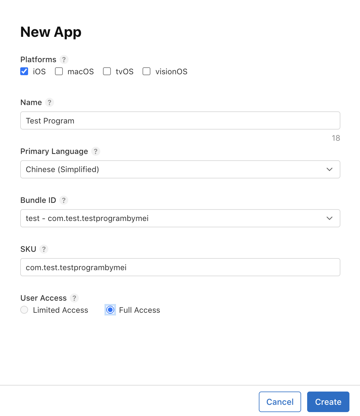 App Store Connect app creation screen